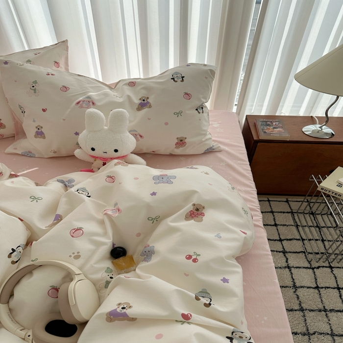 91家纺网 家纺一手货源 找家纺 尺素 2025新款全棉卡通可爱儿童四件套纯棉活性A类被套学生宿舍三件套1.8床笠双人床单 软萌派