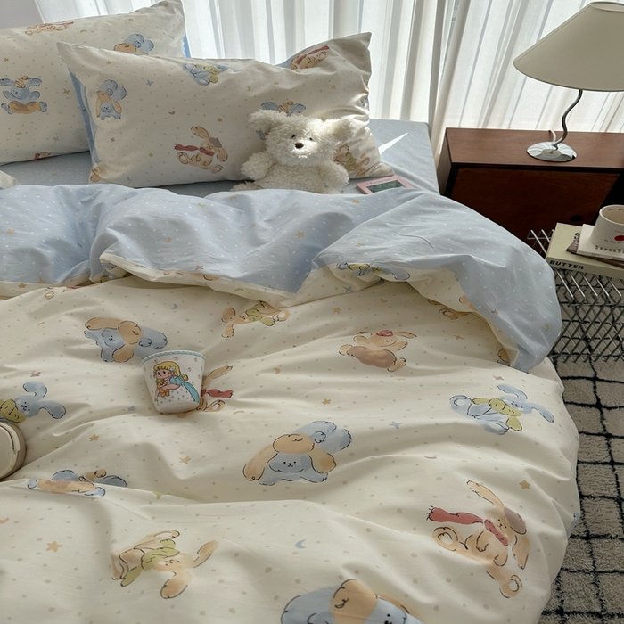 91家纺网 家纺一手货源 找家纺 尺素 2025新款全棉卡通可爱儿童四件套纯棉活性A类被套学生宿舍三件套1.8床笠双人床单 米团兔