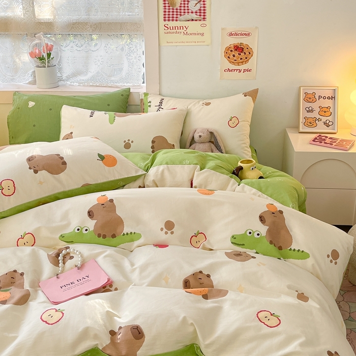 91家纺网 家纺一手货源 找家纺 吉象家纺13070全棉四件套纯棉四件套直播小清新男孩女卡皮巴拉