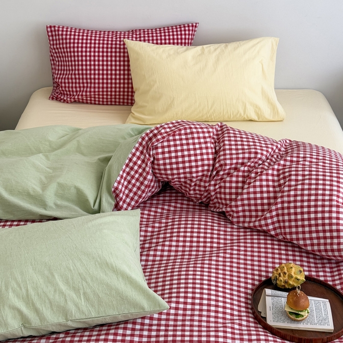 91家纺网 家纺一手货源 找家纺 （总）艾沁2025新款全棉色织水洗棉西瓜色撞色四件套