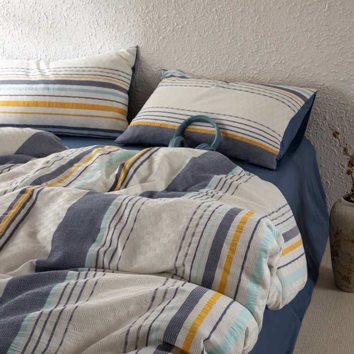 91家纺网 家纺一手货源 找家纺 简宜家居（朝初家纺） 2025新款华夫纯棉格色织提花四件套 初色-蓝