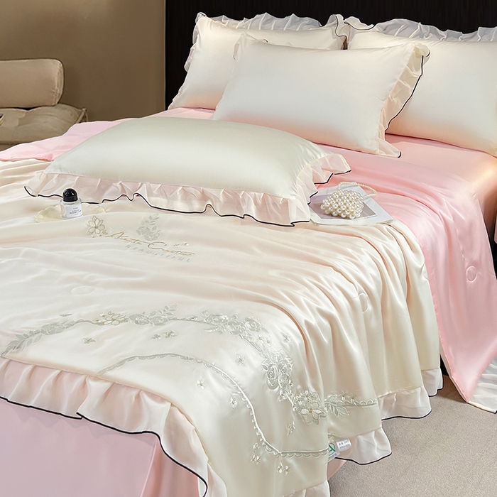 91家纺网 家纺一手货源 找家纺 梦舒羽 2025新款刺绣水洗真丝花边夏被四件套宿舍夏凉被床单枕套三件套-花韵花边款 花韵-粉（花边款）