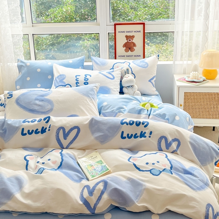 91家纺网 家纺一手货源 找家纺 吉象家纺13070全棉四件套纯棉四件套直播小清新男孩女兰心小熊