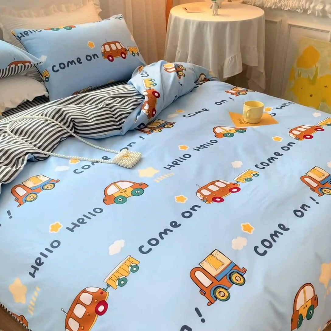 91家纺网 家纺一手货源 找家纺 吉象家纺13070全棉四件套纯棉四件套直播小清新男孩女宝宝巴士