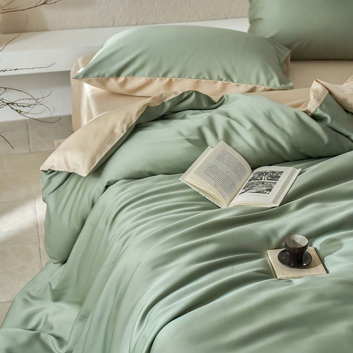 91家纺网 家纺一手货源 找家纺 咏绒家纺工厂店 2025新款60支奥地利兰精天丝纯色天丝棉四件套 兰苕（瓦松绿-小麦色）