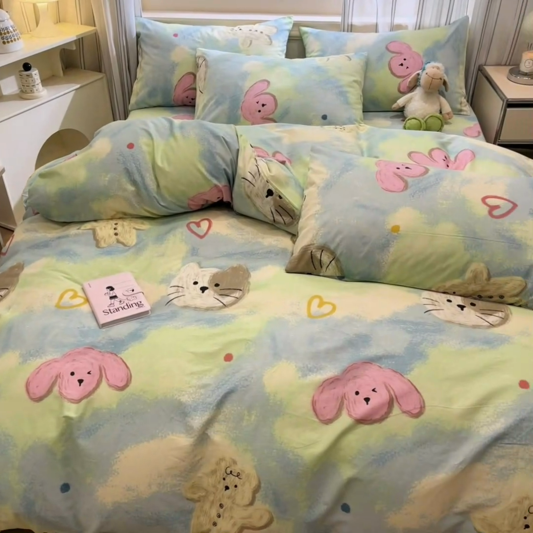 91家纺网 家纺一手货源 找家纺 吉象家纺13070全棉四件套纯棉四件套直播小清新男孩女蜡笔画