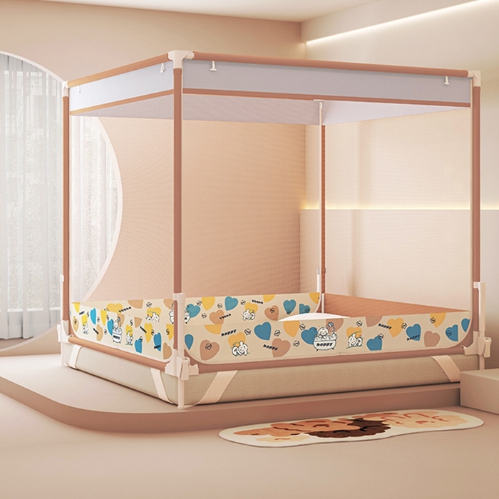 91家纺网 家纺一手货源 找家纺 迪凡保罗蚊帐 2025新款2508围栏级防摔数码印花坐床蚊帐 驼色