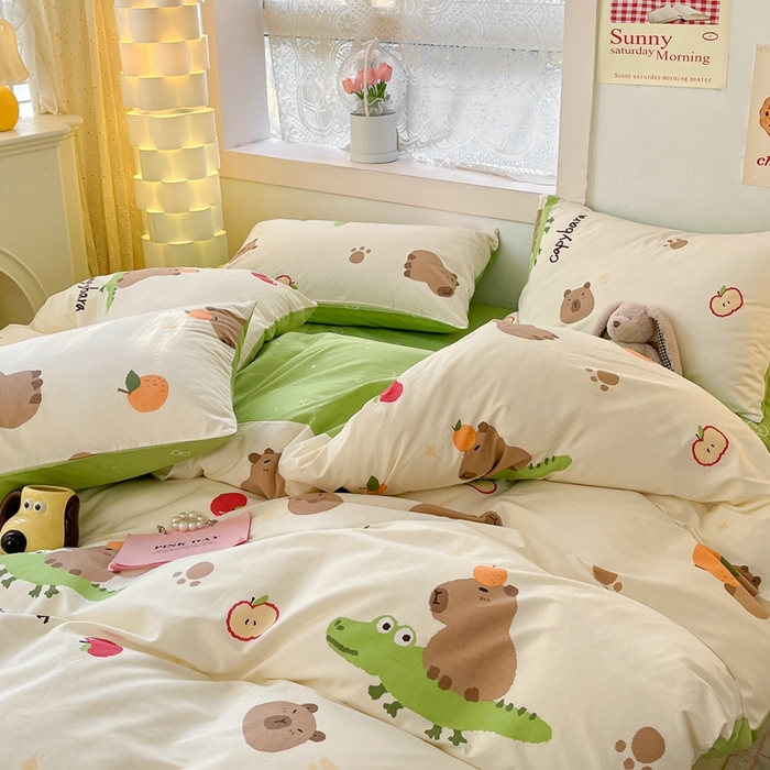 91家纺网 家纺一手货源 找家纺 吉象家纺13070全棉四件套纯棉四件套直播小清新男孩女卡皮巴拉