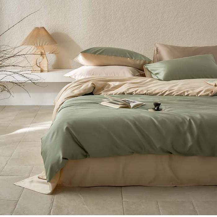 91家纺网 家纺一手货源 找家纺 咏绒家纺工厂店 2025新款60支奥地利兰精天丝纯色天丝棉四件套 兰苕（瓦松绿-小麦色）