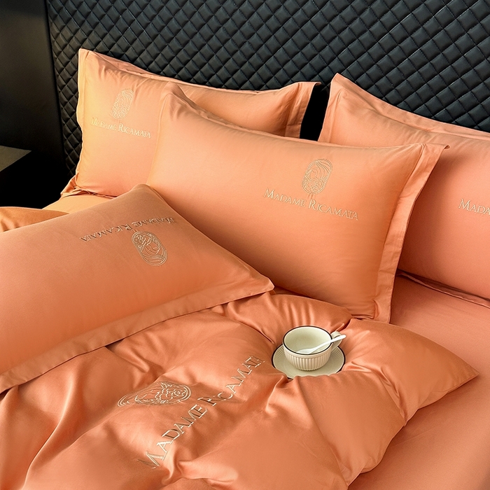 91家纺网 家纺一手货源 找家纺 梦莱斯2025新款长绒棉刺绣轻奢系列四件套 活力橙