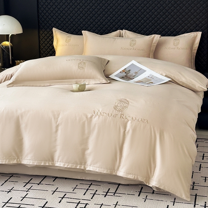 91家纺网 家纺一手货源 找家纺 梦莱斯2025新款长绒棉刺绣轻奢系列四件套 奶油白