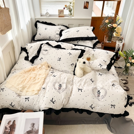 芷凡家纺 2025新款皱皱云感棉赫本风韩式花边四件套 点点甜心