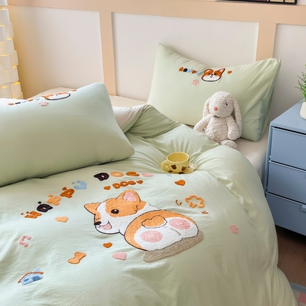 青螺家纺 2025春夏新款云朵棉毛巾绣卡通可爱三件套四件套学生套件 萌柯基 浅米绿