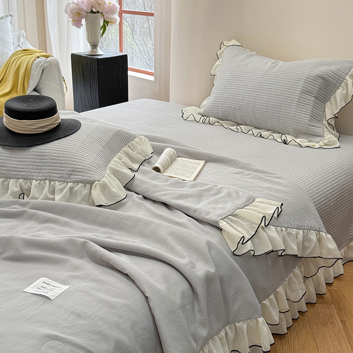 91家纺网 家纺一手货源 找家纺 琳可家居 2025新款雪精灵系列兰精天丝凉感床盖三件套 素雅灰