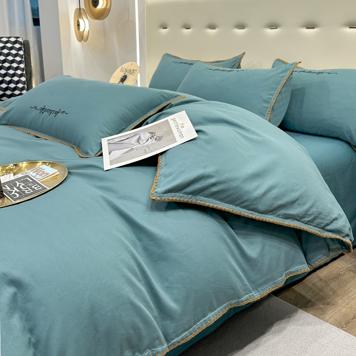 91家纺网 家纺一手货源 找家纺 2025新款13374全棉母婴级贝壳绣宽边枕套纯色刺绣三角针四件套全棉贡缎新疆长绒字母款 贝壳绣-摩卡绿