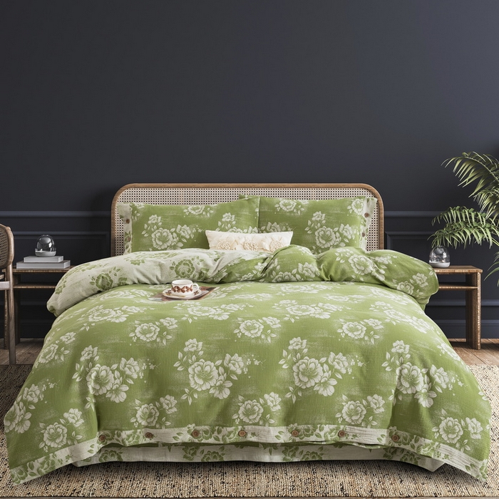 91家纺网 家纺一手货源 找家纺 （总）鲁爱 2025新款全棉色织双层纱纽扣款四件套