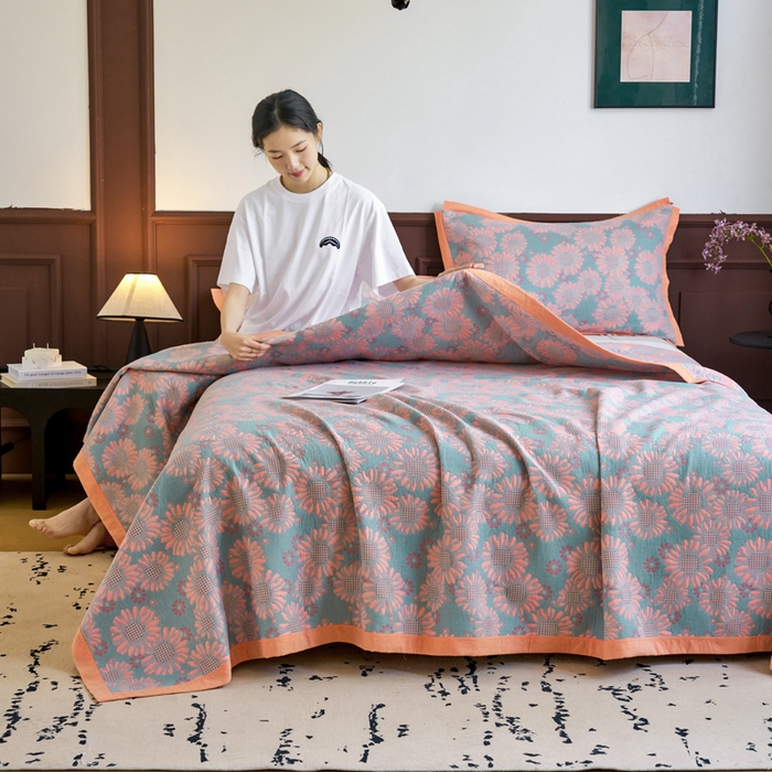 91家纺网 家纺一手货源 找家纺 （总）棠薇家纺  2025新款全棉彩纱双层纱夏被三层纱多功能毛巾被纱布毯细纱床盖 葵园豆沙