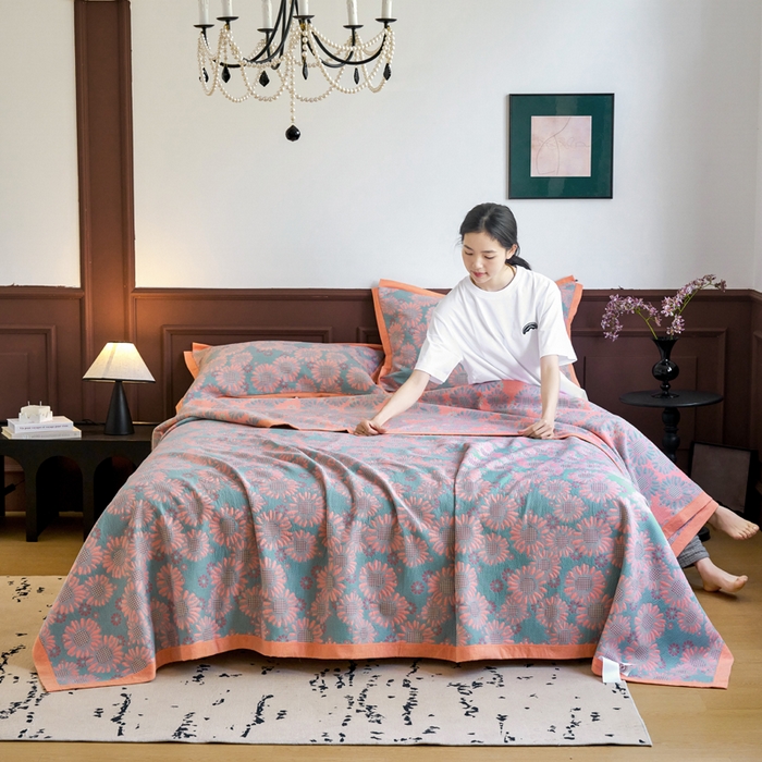 91家纺网 家纺一手货源 找家纺 （总）棠薇家纺  2025新款全棉彩纱双层纱夏被三层纱多功能毛巾被纱布毯细纱床盖 葵园豆沙