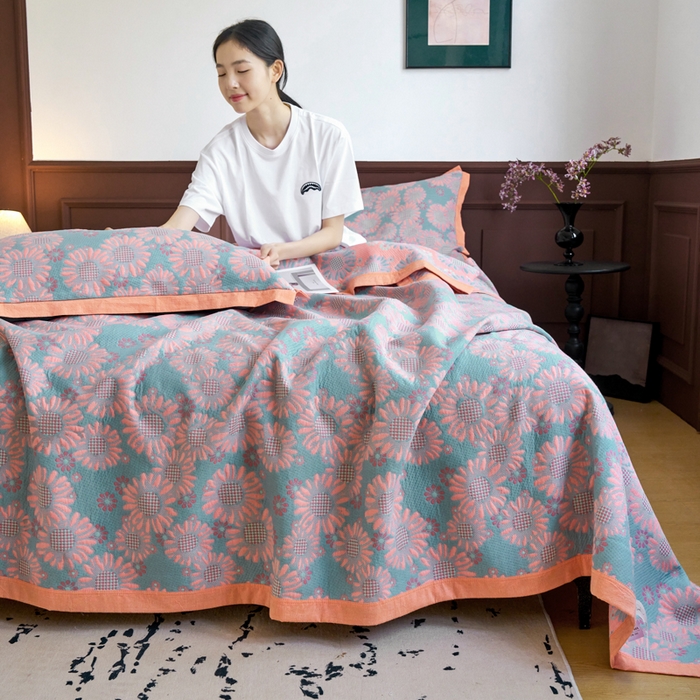 91家纺网 家纺一手货源 找家纺 （总）棠薇家纺  2025新款全棉彩纱双层纱夏被三层纱多功能毛巾被纱布毯细纱床盖 葵园豆沙