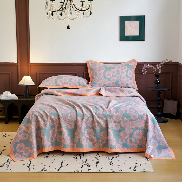 （总）棠薇家纺  2025新款全棉彩纱双层纱夏被三层纱多功能毛巾被纱布毯细纱床盖  葵园豆沙