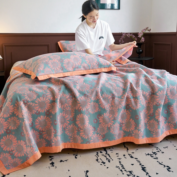 91家纺网 家纺一手货源 找家纺 （总）棠薇家纺  2025新款全棉彩纱双层纱夏被三层纱多功能毛巾被纱布毯细纱床盖 葵园豆沙