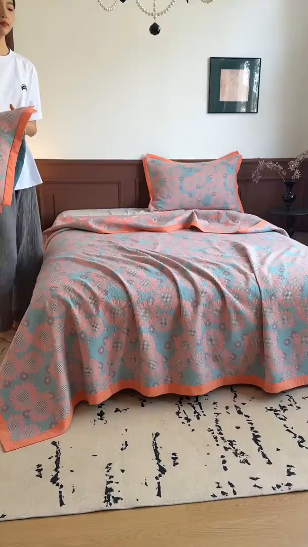 91家纺网 家纺一手货源 找家纺 （总）棠薇家纺  2025新款全棉彩纱双层纱夏被三层纱多功能毛巾被纱布毯细纱床盖 葵园豆沙