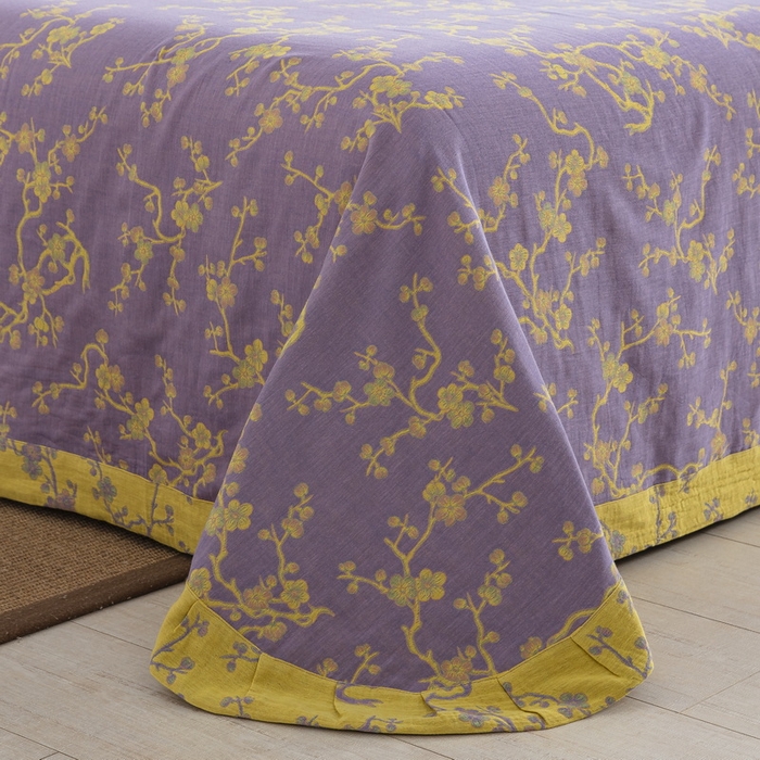 91家纺网 家纺一手货源 找家纺 鲁爱 2025新款全棉色织双层纱纽扣款四件套 梅醉春秋-浅紫 