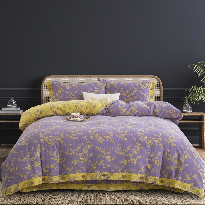 鲁爱 2025新款全棉色织双层纱纽扣款四件套 梅醉春秋-浅紫