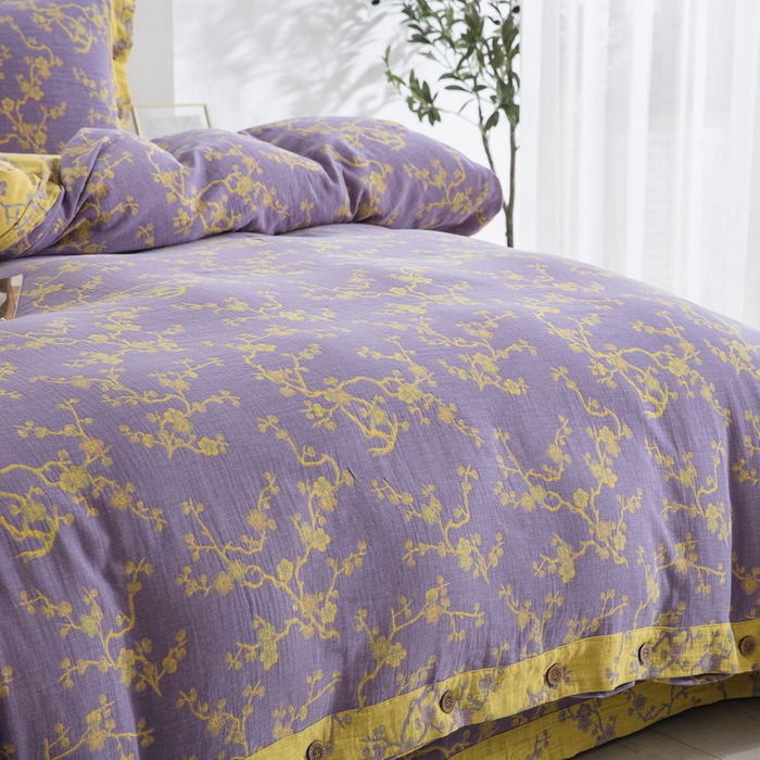 91家纺网 家纺一手货源 找家纺 鲁爱 2025新款全棉色织双层纱纽扣款四件套 梅醉春秋-浅紫 