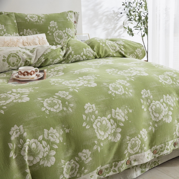 91家纺网 家纺一手货源 找家纺 2025新款全棉色织双层纱纽扣款四件套  云纱-绿