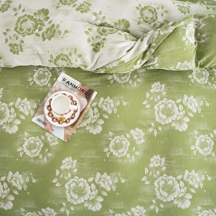 91家纺网 家纺一手货源 找家纺 2025新款全棉色织双层纱纽扣款四件套  云纱-绿