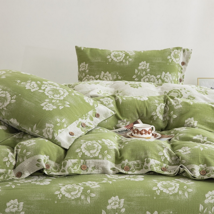 91家纺网 家纺一手货源 找家纺 2025新款全棉色织双层纱纽扣款四件套  云纱-绿