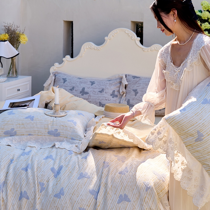 91家纺网 家纺一手货源 找家纺 （总）久典家居 2025新款60S全棉纯棉色织三层纱空气层大提花四件套-蝶梦