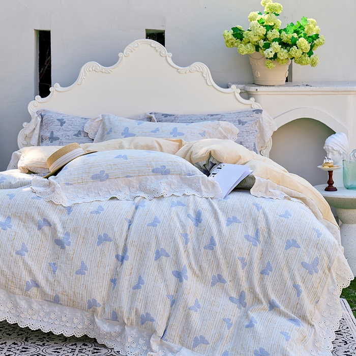 91家纺网 家纺一手货源 找家纺 （总）久典家居 2025新款60S全棉纯棉色织三层纱空气层大提花四件套-蝶梦