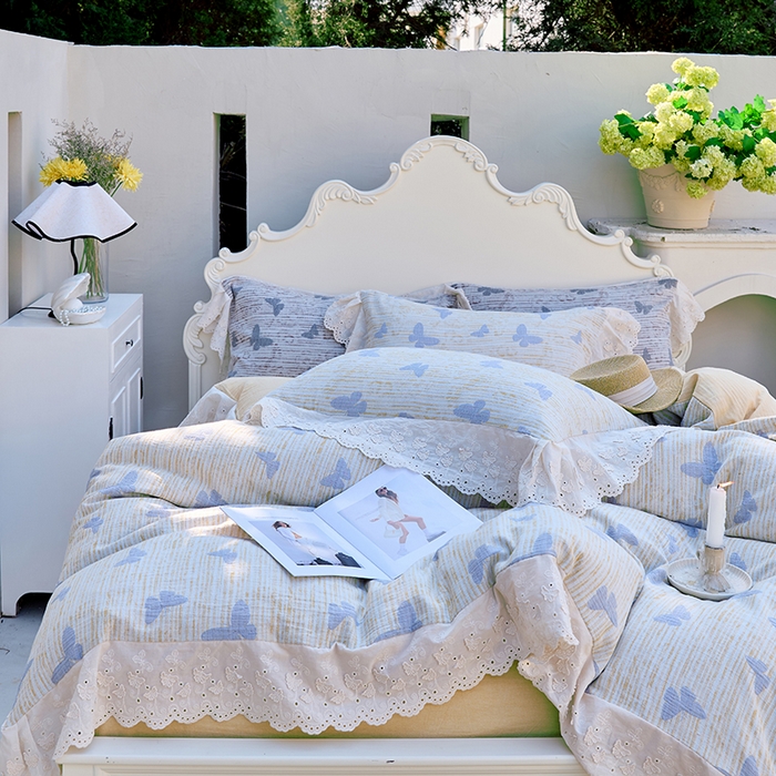 91家纺网 家纺一手货源 找家纺 （总）久典家居 2025新款60S全棉纯棉色织三层纱空气层大提花四件套-蝶梦