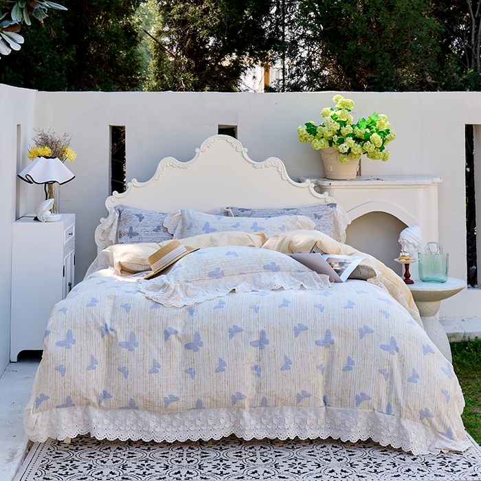 91家纺网 家纺一手货源 找家纺 （总）久典家居 2025新款60S全棉纯棉色织三层纱空气层大提花四件套-蝶梦