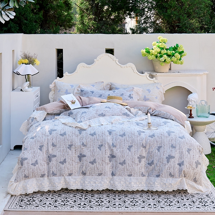 91家纺网 家纺一手货源 找家纺 （总）久典家居 2025新款60S全棉纯棉色织三层纱空气层大提花四件套-蝶梦