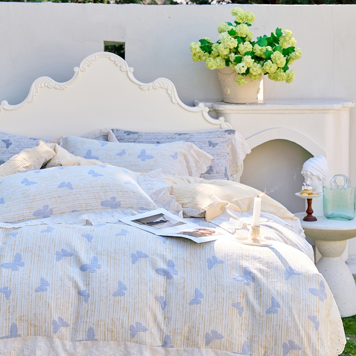 91家纺网 家纺一手货源 找家纺 久典家居 2025新款60S全棉纯棉色织三层纱空气层大提花四件套-蝶梦 蝶梦黄