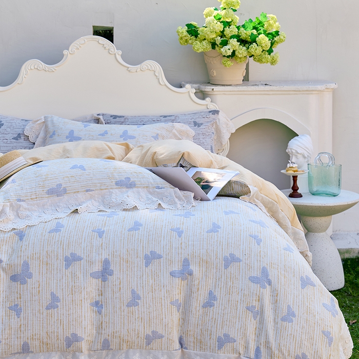 91家纺网 家纺一手货源 找家纺 久典家居 2025新款60S全棉纯棉色织三层纱空气层大提花四件套-蝶梦 蝶梦黄