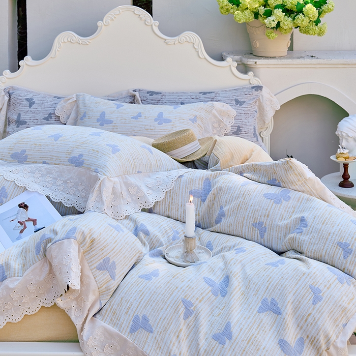 91家纺网 家纺一手货源 找家纺 久典家居 2025新款60S全棉纯棉色织三层纱空气层大提花四件套-蝶梦 蝶梦黄