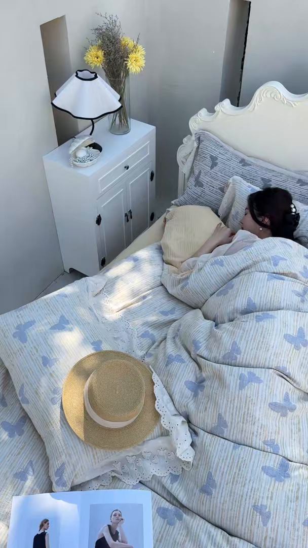 91家纺网 家纺一手货源 找家纺 久典家居 2025新款60S全棉纯棉色织三层纱空气层大提花四件套-蝶梦 蝶梦黄