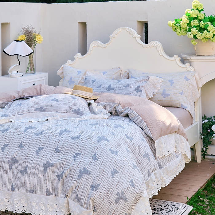 91家纺网 家纺一手货源 找家纺 久典家居 2025新款60S全棉纯棉色织三层纱空气层大提花四件套-蝶梦 蝶梦咖