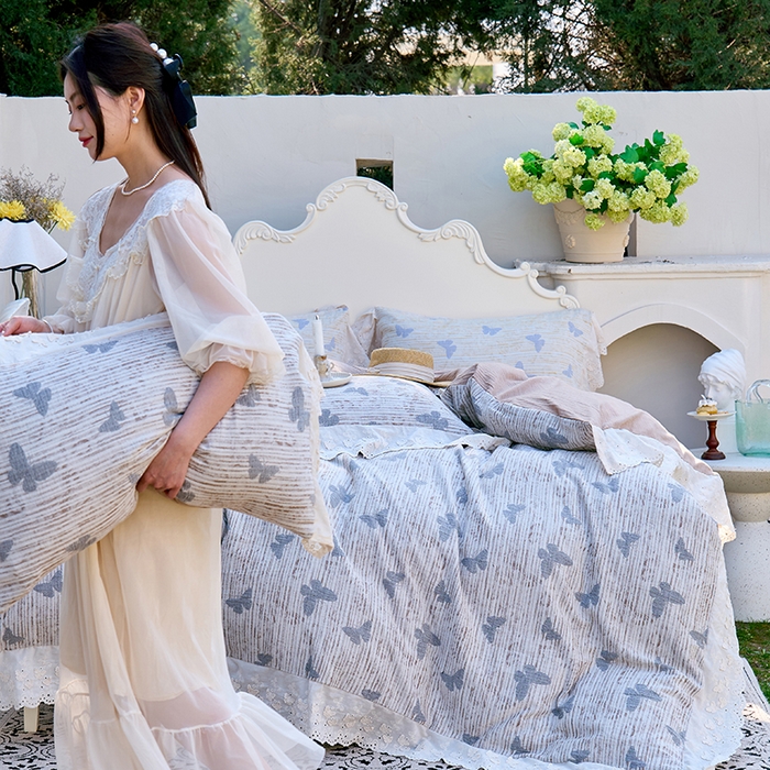 91家纺网 家纺一手货源 找家纺 久典家居 2025新款60S全棉纯棉色织三层纱空气层大提花四件套-蝶梦 蝶梦咖