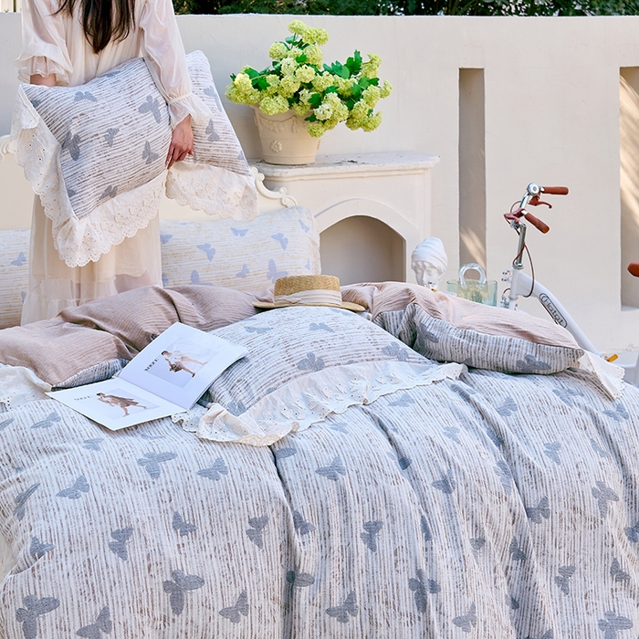 91家纺网 家纺一手货源 找家纺 久典家居 2025新款60S全棉纯棉色织三层纱空气层大提花四件套-蝶梦 蝶梦咖