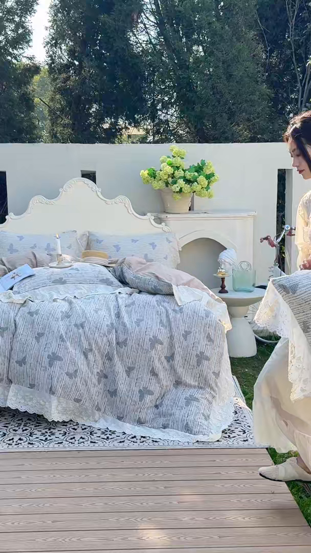 91家纺网 家纺一手货源 找家纺 久典家居 2025新款60S全棉纯棉色织三层纱空气层大提花四件套-蝶梦 蝶梦咖