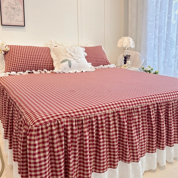 91家纺网 家纺一手货源 找家纺 胜权家纺 2025春夏新品全棉法式复古色织水洗棉床裙单品系列 小红格