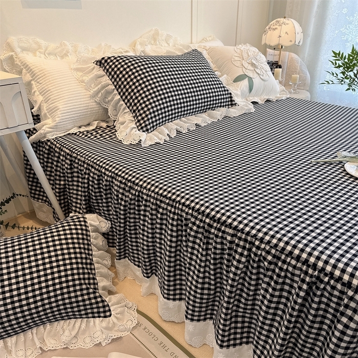 91家纺网 家纺一手货源 找家纺 胜权家纺 2025春夏新品全棉法式复古色织水洗棉床裙单品系列 小黑格