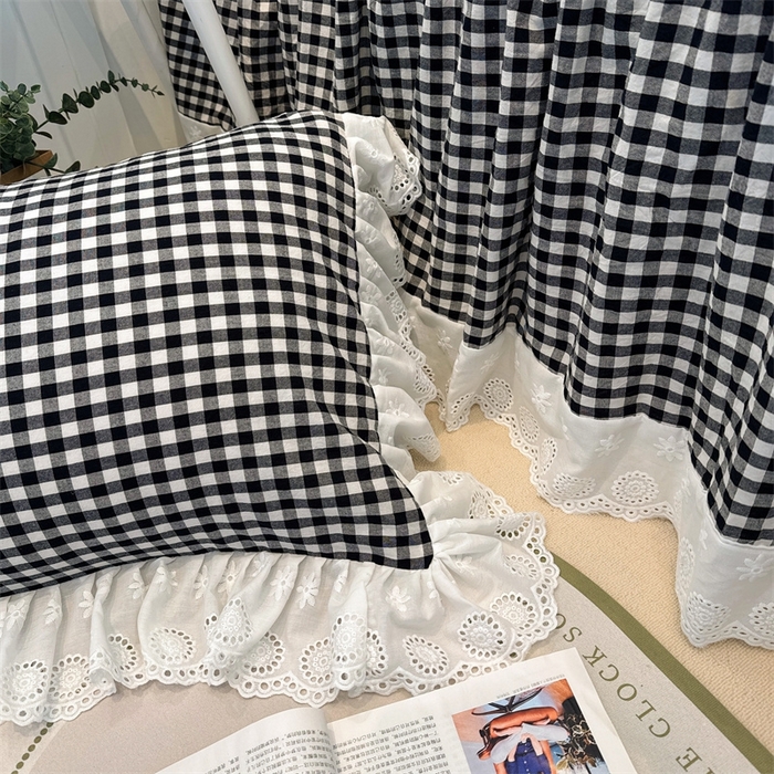 91家纺网 家纺一手货源 找家纺 胜权家纺 2025春夏新品全棉法式复古色织水洗棉床裙单品系列 小黑格