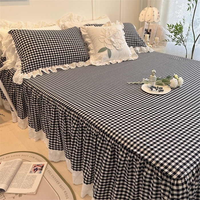 91家纺网 家纺一手货源 找家纺 胜权家纺 2025春夏新品全棉法式复古色织水洗棉床裙单品系列 小黑格