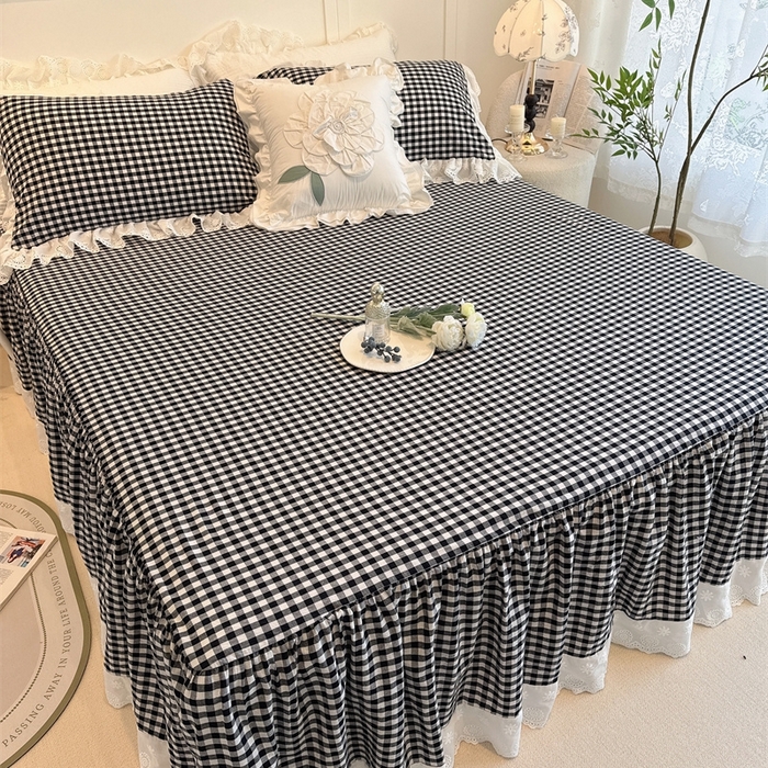 91家纺网 家纺一手货源 找家纺 胜权家纺 2025春夏新品全棉法式复古色织水洗棉床裙单品系列 小黑格